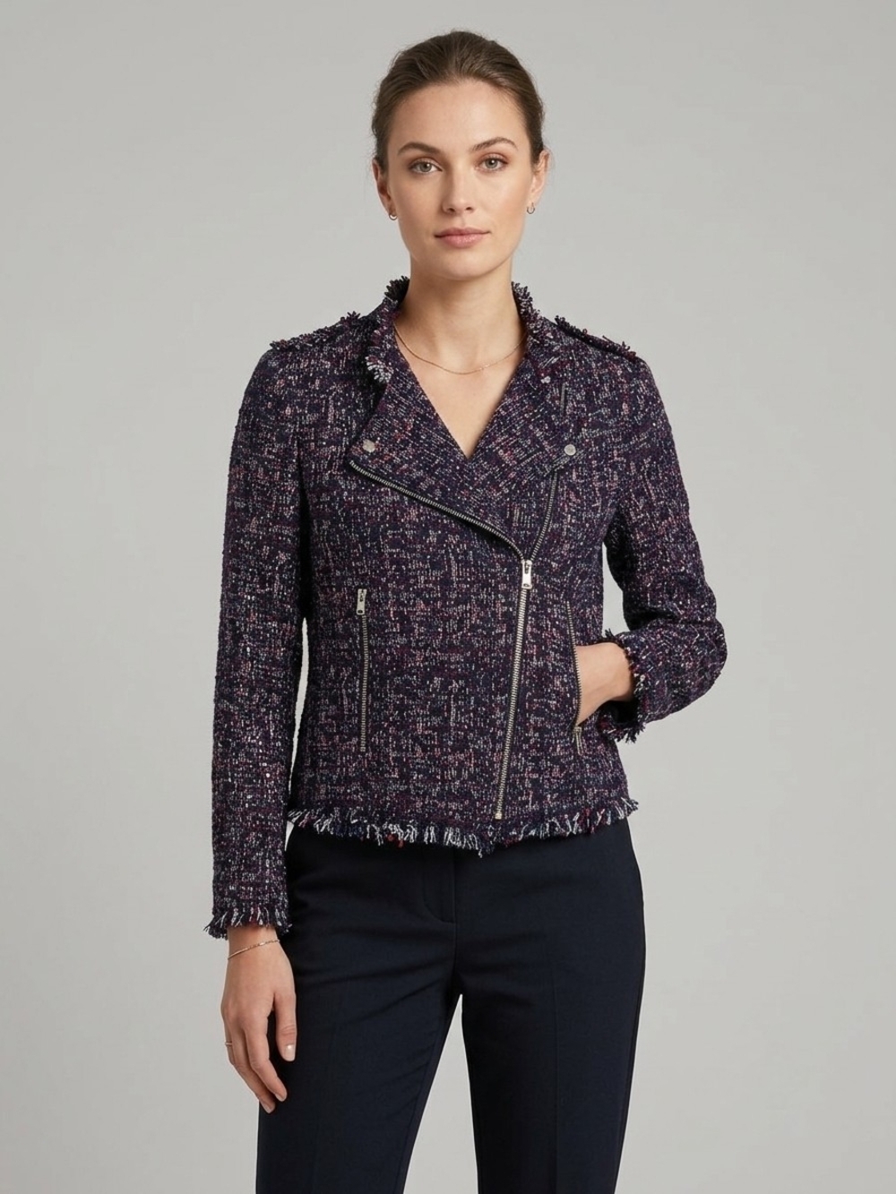 Amanda Green Tweed Moto Jacket M Navy Multi Frayed Asymmetrical Sequins Biker